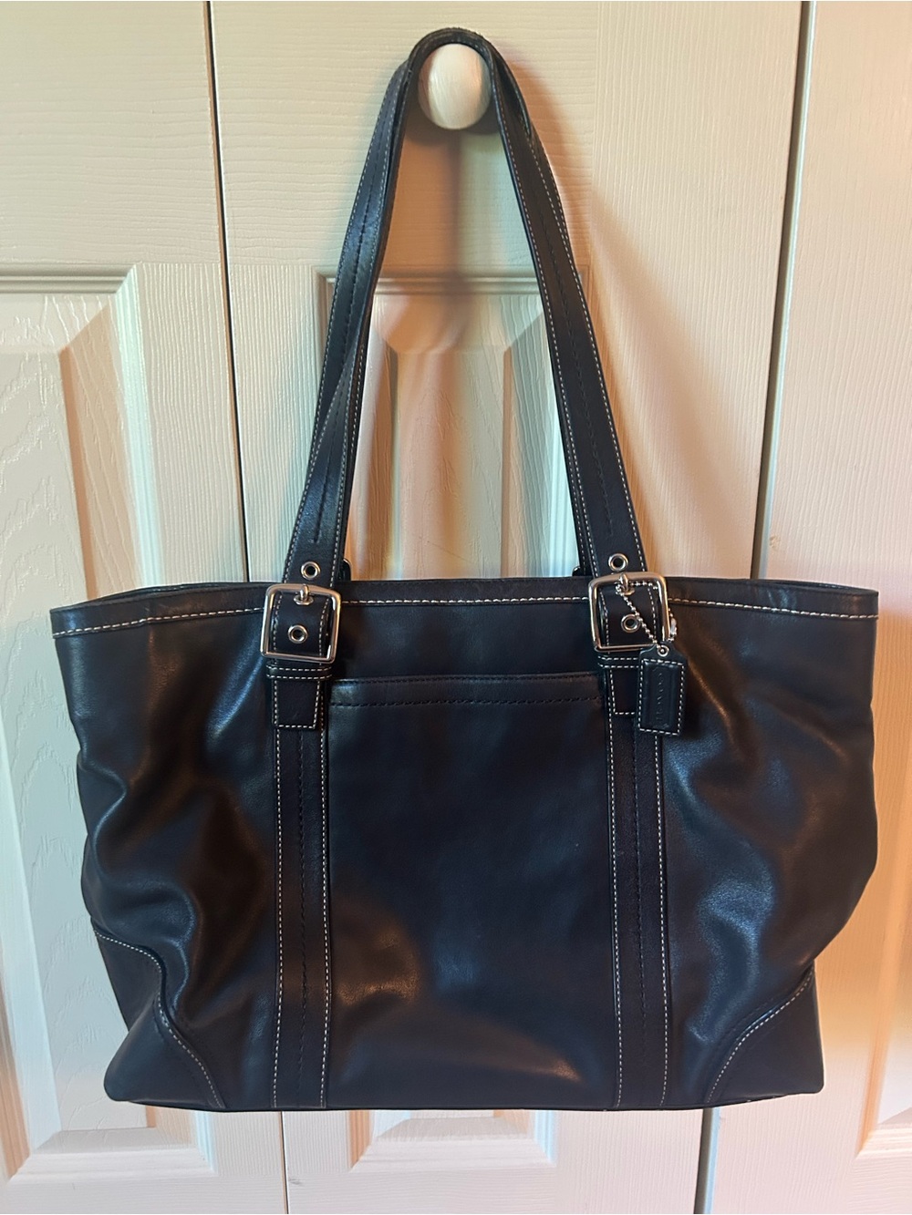 Coach Black Leather Tote Bag with Contrast Stitching